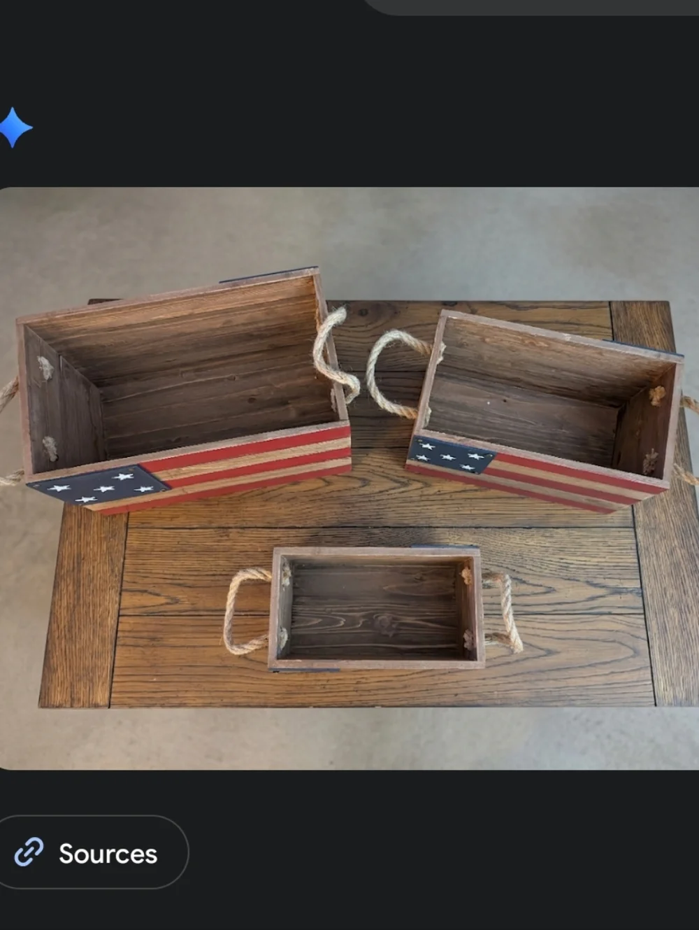 Patriotic Wooden Flag Storage Boxes with Rope Handles - Set of 3